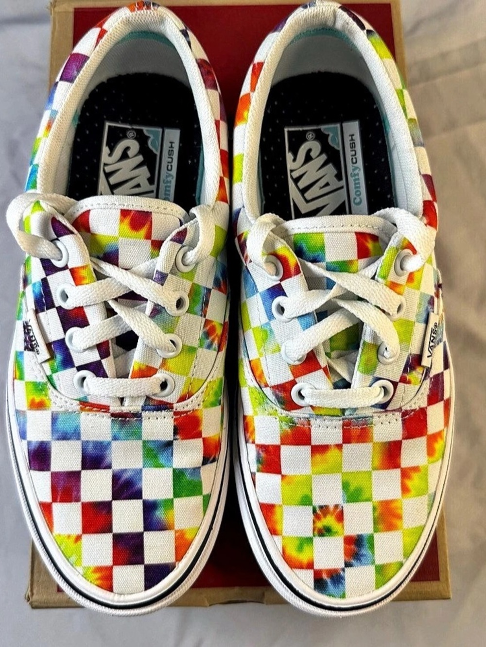 Vans ComfyCush Era Tie-Dye Checker Sneakers White & Multicolor Size 4.5M/6W